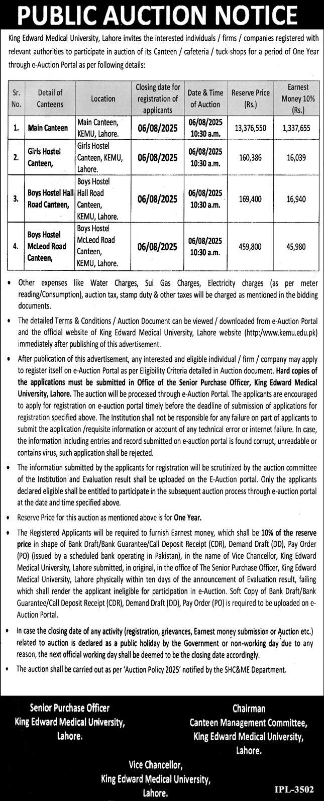 King Edward Medical University Lahore Tender Notice